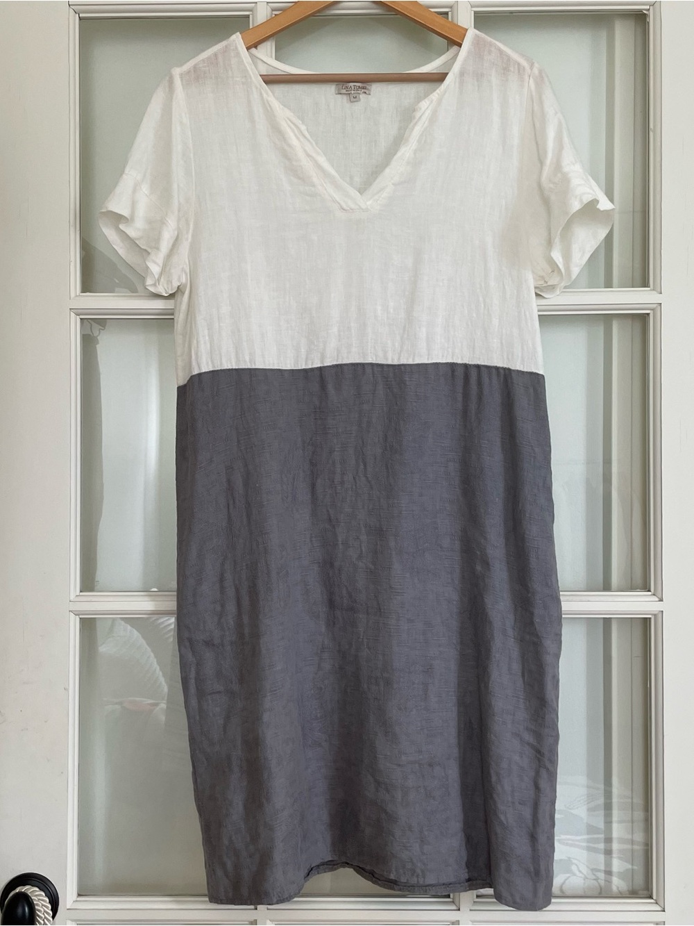 Lina Tomei linen grey white color block short sleeve dress women's medium M